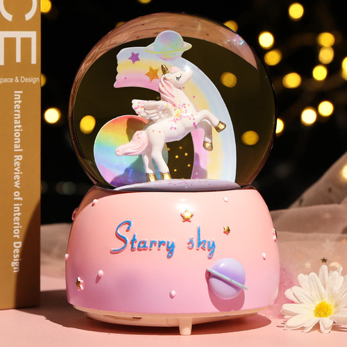 Fantasy Unicorn Crystal Ball Luminous Music Box Snowflake Music Box for Best Friends Chinese Valentine's Day Creative Gift Wholesale