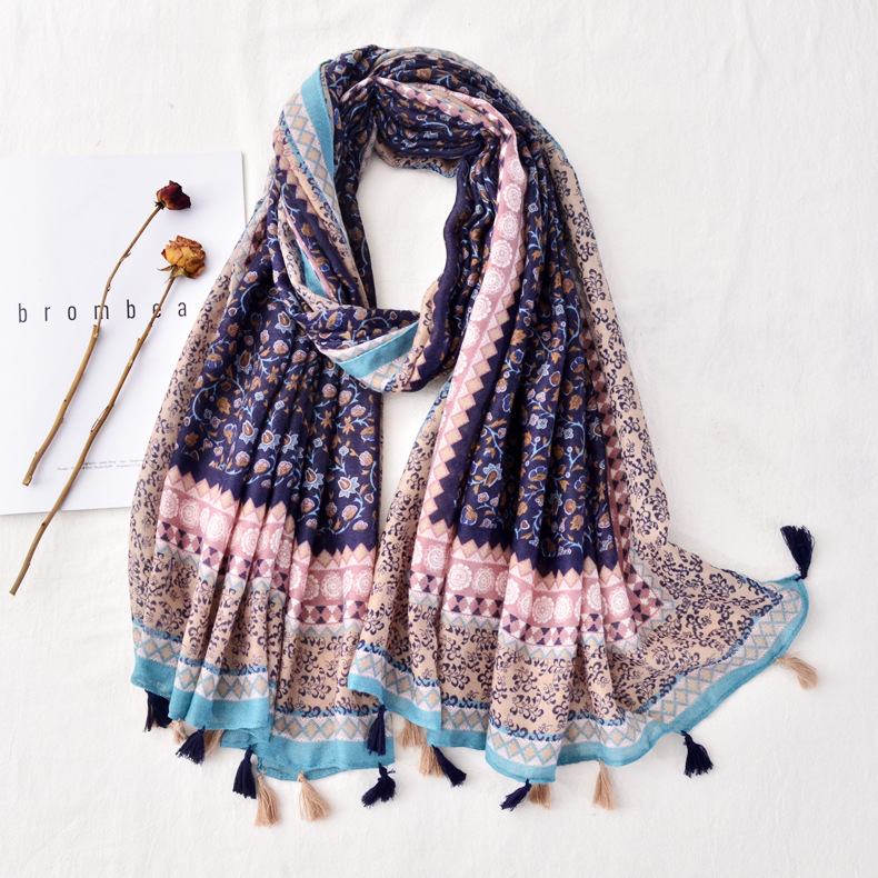 Nueva primavera y verano estilo bohemio chal pequeña bufanda floral bufanda de seda Yunnan Lijiang viajes algodón y lino bufanda impresa