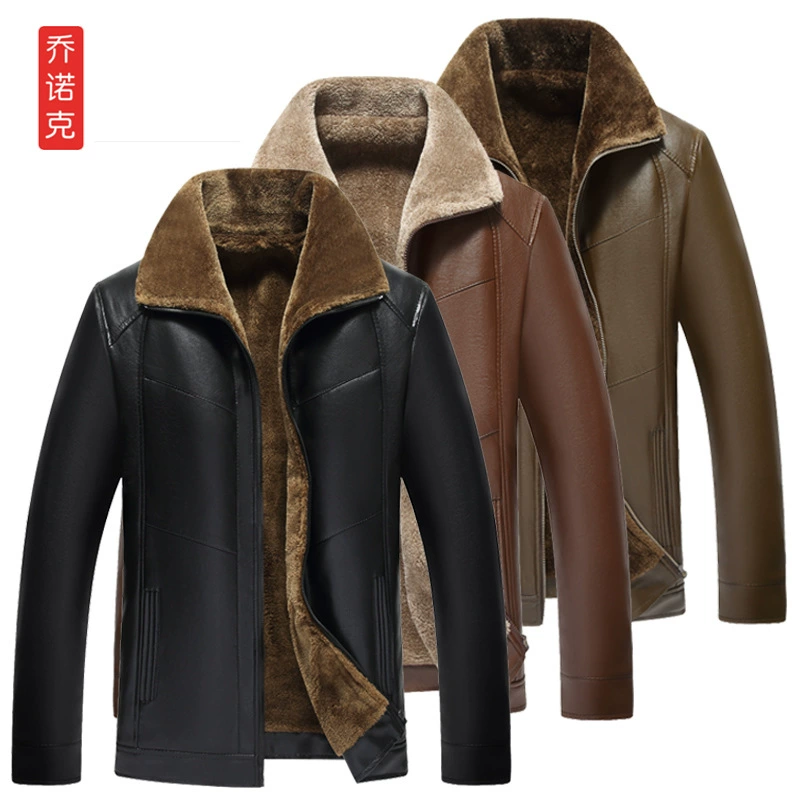 Зимняя мужская кожаная куртка Jonoque из искусственной кожи и меха, с флисовой подкладкой, для мужчин среднего и старшего возраста, утолщенная и теплая.
