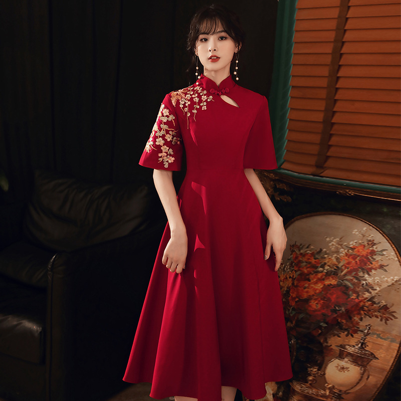 Toast Dress Bride Cheongsam Wine Red Usually Wear Pregnant Women's Belly Covering Back Door Casuard Women's Large Size Fat Girls' Gown