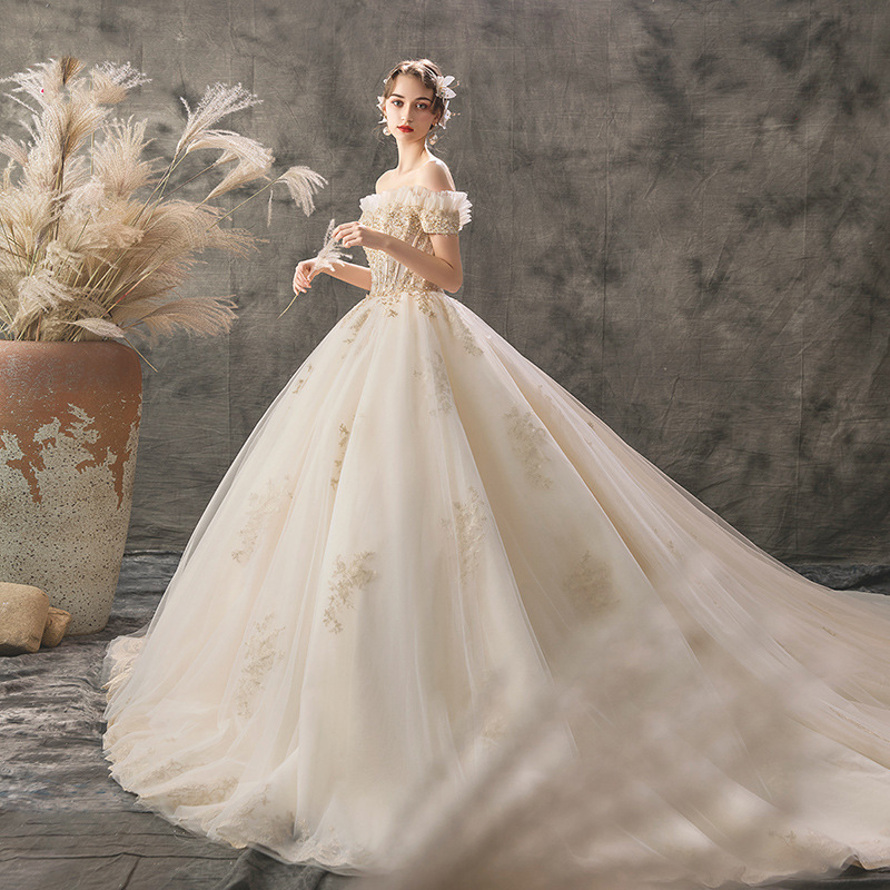 Vestido de Novia de Un Solo Hombro, Estilo Nupcial 2025 con Cola, Estilo Princesa de TikTok, Cielo Estrellado, Palacio, Bosque, Estilo Hepburn para Mujer