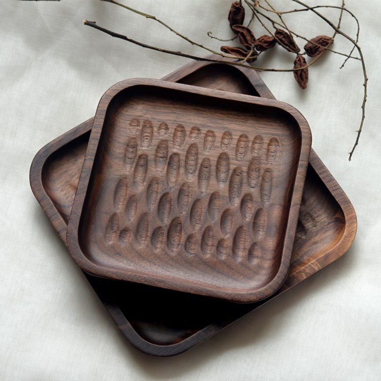 Creative black walnut plate carved square wooden dried fruit plate…