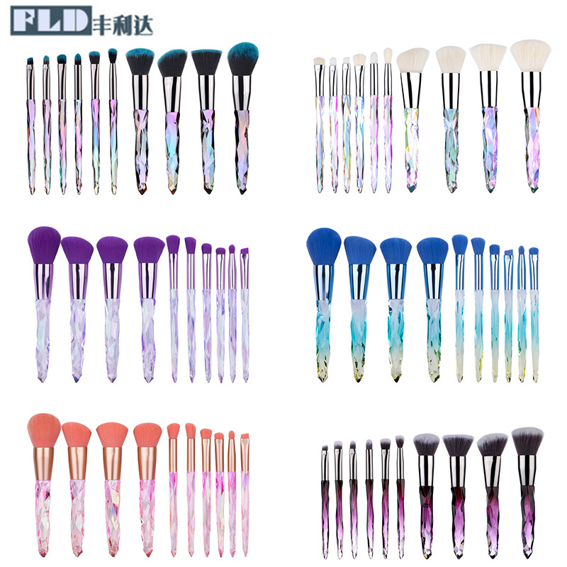 Fenglida 10 pinceles de maquillaje de cristal traje transparente diamante mango ventilador cepillo al por mayor sombra de ojos cepillo herramientas de maquillaje
