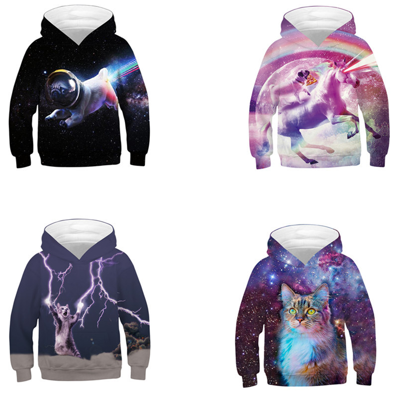 New 2022 Spring and Autumn Starry Sky Lightning Cat 3D Digital Print Adult and Children's Long Sleeve Hooded Casual Sweatshirt Wholesale