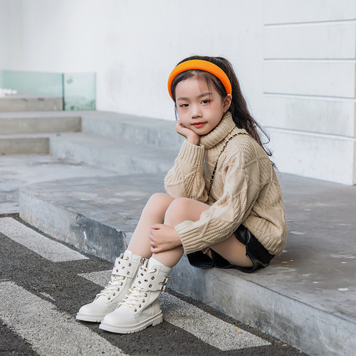 Girls' Martin boots super fiber children's short boots spring and autumn single style 2024 new British style catwalk black cotton boots