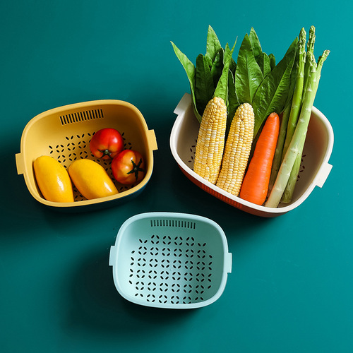 Vegetable and fruit drain basket kitchen double-layer vegetable washing basket creative two-color rotating storage basket plastic storage basket