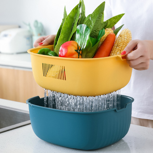 Vegetable and fruit drain basket kitchen double-layer vegetable washing basket creative two-color rotating storage basket plastic storage basket