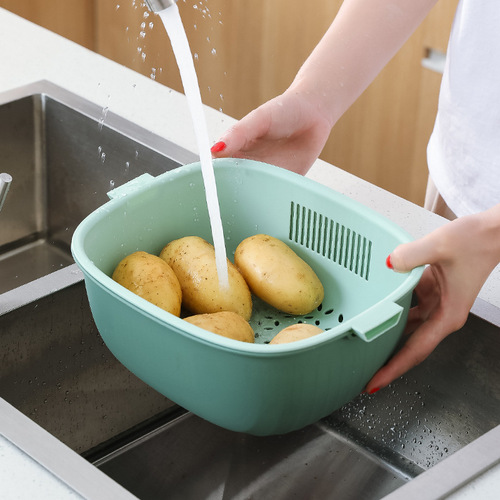 Vegetable and fruit drain basket kitchen double-layer vegetable washing basket creative two-color rotating storage basket plastic storage basket