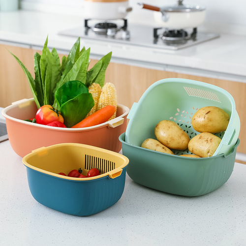 Vegetable and fruit drain basket kitchen double-layer vegetable washing basket creative two-color rotating storage basket plastic storage basket
