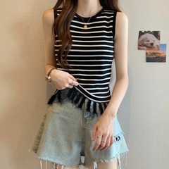 American Retro Straps Women's Backless Tank Top 2023 Summer Thin Sleeveless Chiffon Fringe Striped Plus Size Elegant Top