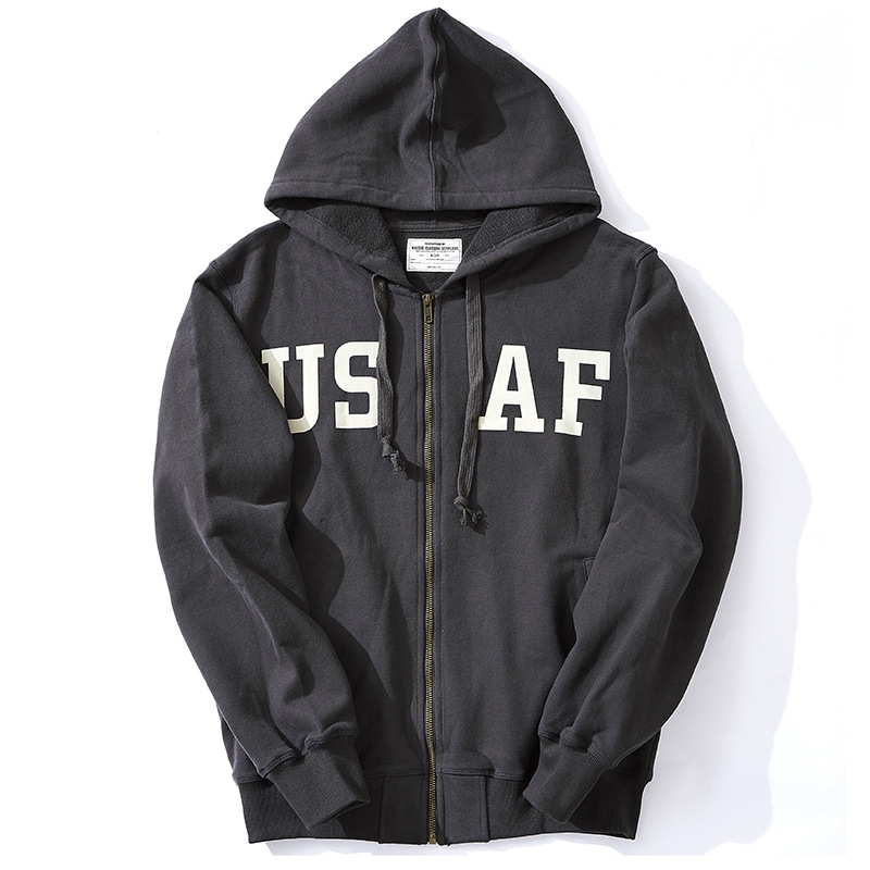 Pesado 490G Terry bottom suéter Okonkwo impreso retro americano cremallera engrosada con capucha abrigo