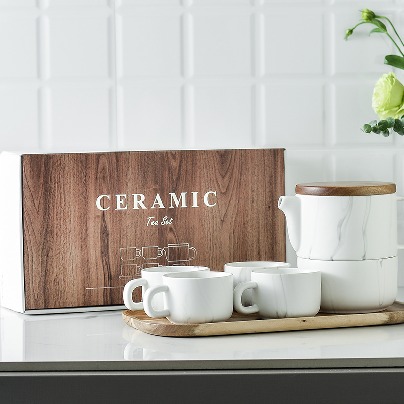 Creativo simple nórdico juego de té con placa de madera flor vela base fruta té de la tarde té cerámica juego de té traje