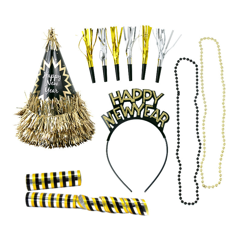 Fournitures de décoration de chapeau de fête du Nouvel An Ensemble de serre-tête de chapeau en papier de collier de couleur or noir du Nouvel An_voghion.com