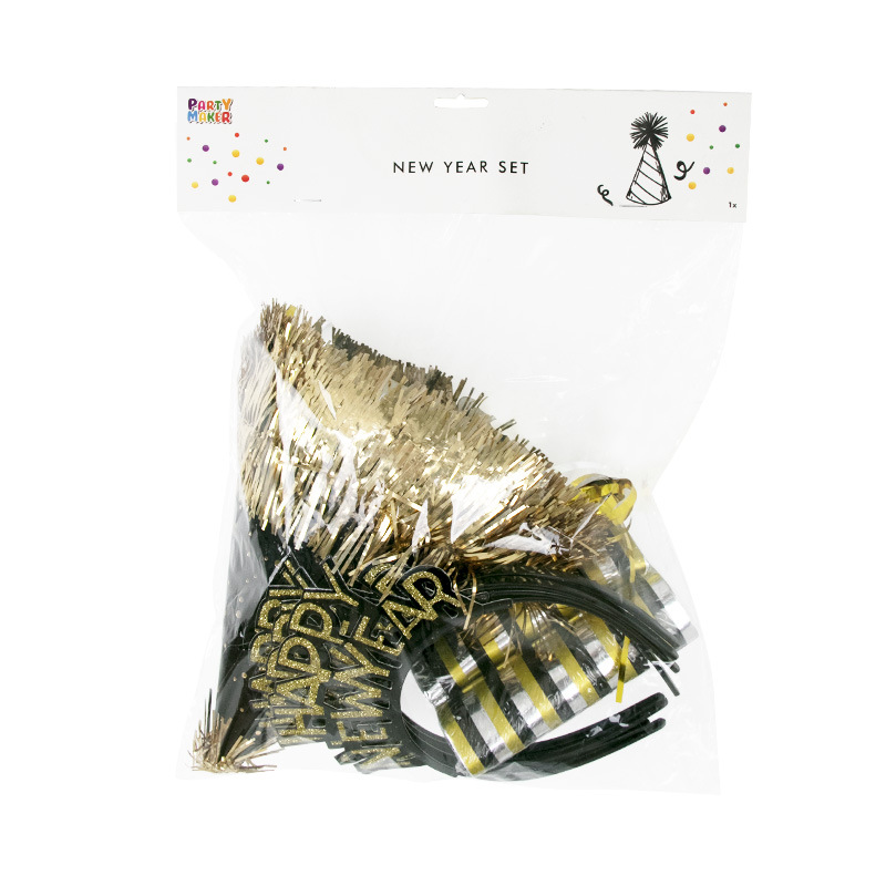 Fournitures de décoration de chapeau de fête du Nouvel An Ensemble de serre-tête de chapeau en papier de collier de couleur or noir du Nouvel An_voghion.com