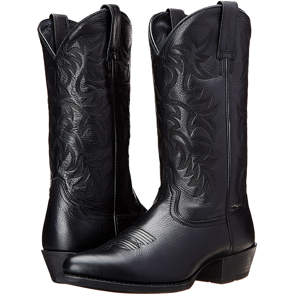 Men's wooden boots with embroidered heels Tall Western cowboy boots winter_vogvips.com