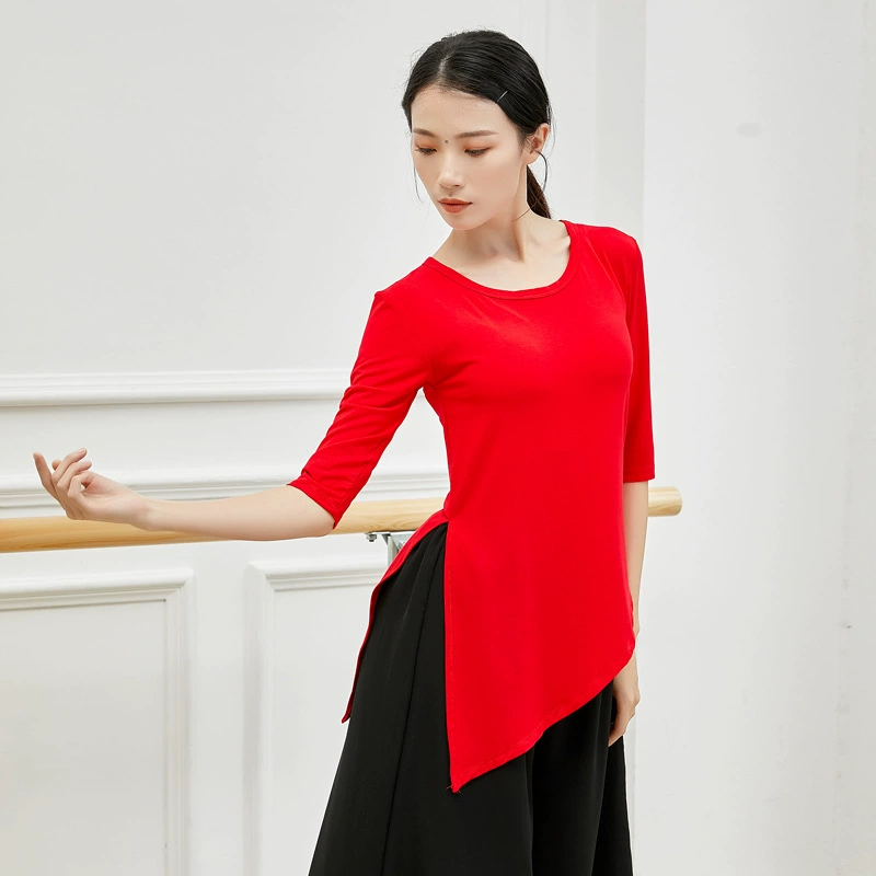 230 г модальный танцевальный костюм со средним рукавом, современный танцевальный Топ, Женский взрослый под косым углом, Классический танцевальный костюм для латинских танцев