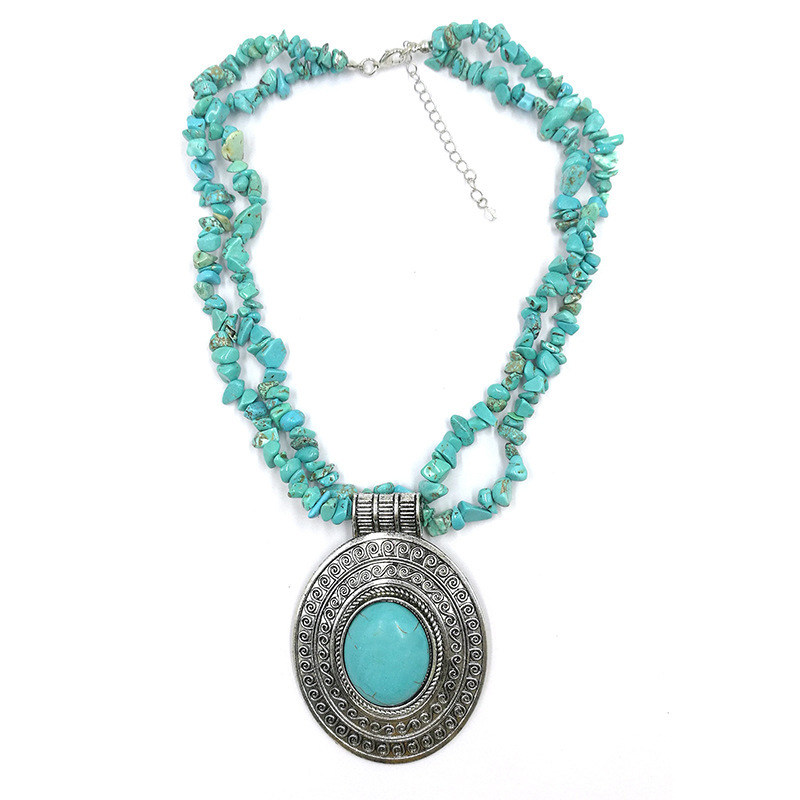 Cross-Border Popular Classic Vintage Jewelry Turquoise Gravel Pendant Necklace European and American Silver Necklace Available in 2 Colors Chain