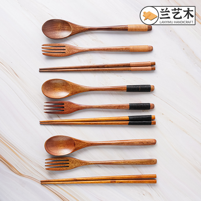 日式和风绕线楠木木质筷子家用木筷勺组合套装勺子叉子筷子三件套