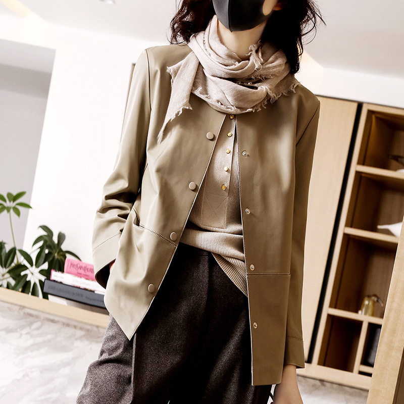 Breathable Sheepskin, Simple, Soft, High-End Short Leather Jacket for Women, Round Neck, Straight Beige Genuine Leather Straight Jacket