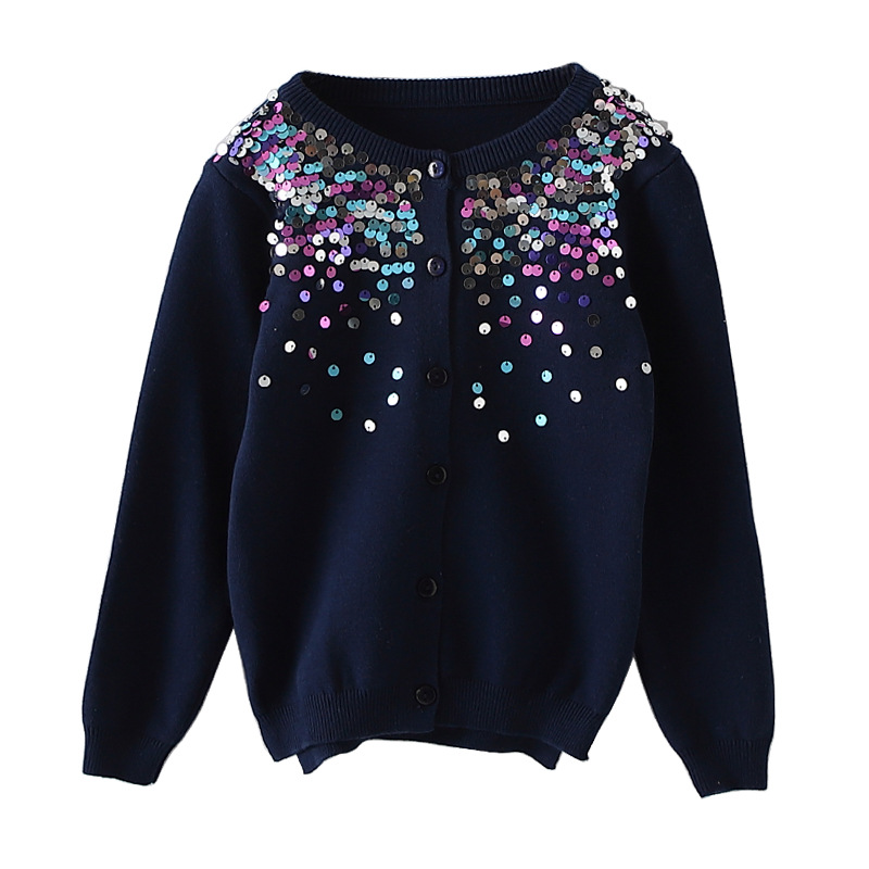 2021 primavera y otoño nuevo cuello redondo lentejuelas suéter de los niños chal abrigo niñas punto cardigan moda al aire libre por mayor