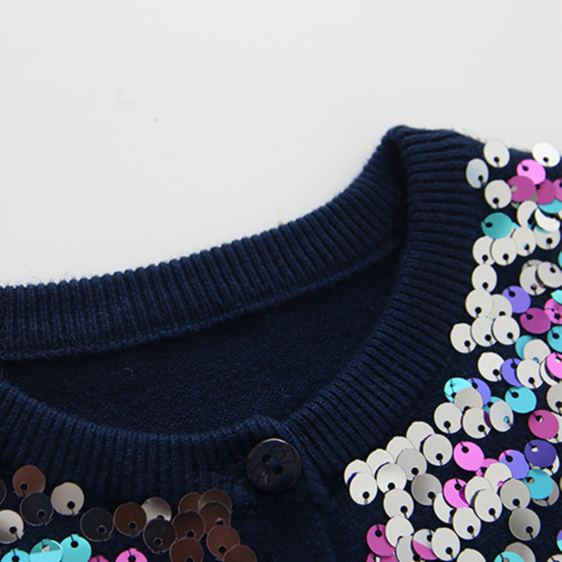 2021 primavera y otoño nuevo cuello redondo lentejuelas suéter de los niños chal abrigo niñas punto cardigan moda al aire libre por mayor