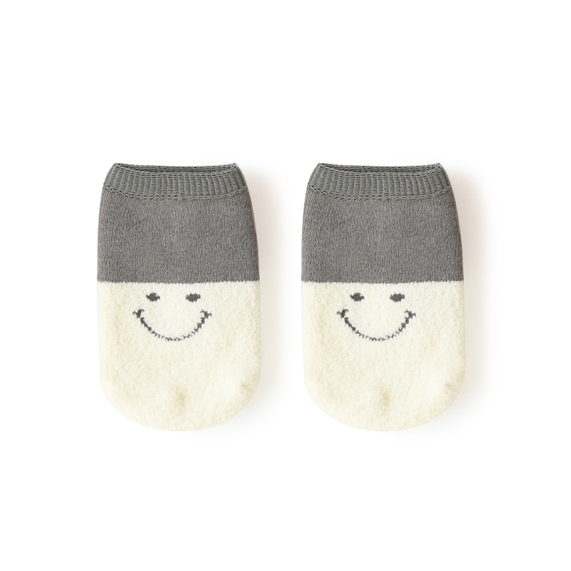 Calcetines para niños Otoño e Invierno dibujos animados cara sonriente forrado de lana bebé Terry calcetines cosidos a mano cabeza antideslizante piso calcetines barco Calcetines cortos