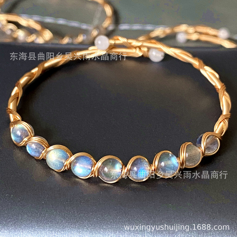 14K Gold Wound Bracelet White Pearl Color Tourmaline Natural Lavolite Moonstone Red Agate Bracelet