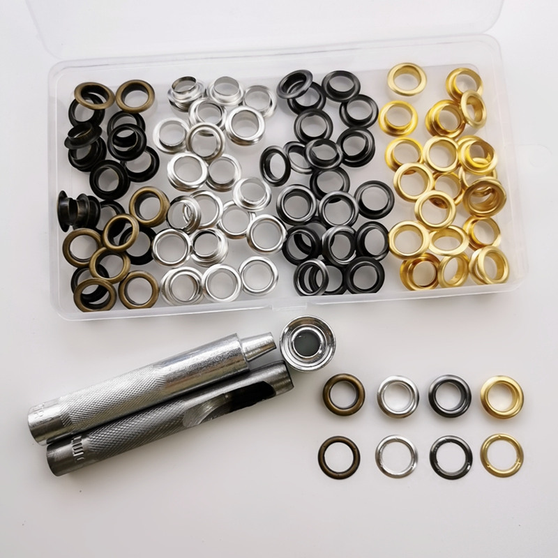 100 sets de diámetro interior 10MM4 Color Aire ojo hebilla + 3 unidades de herramientas de metal callos borde redondo ojal lona hebilla para transfronteriza