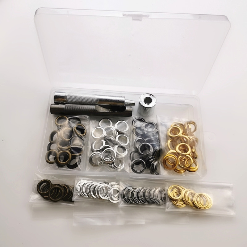 100 sets de diámetro interior 10MM4 Color Aire ojo hebilla + 3 unidades de herramientas de metal callos borde redondo ojal lona hebilla para transfronteriza