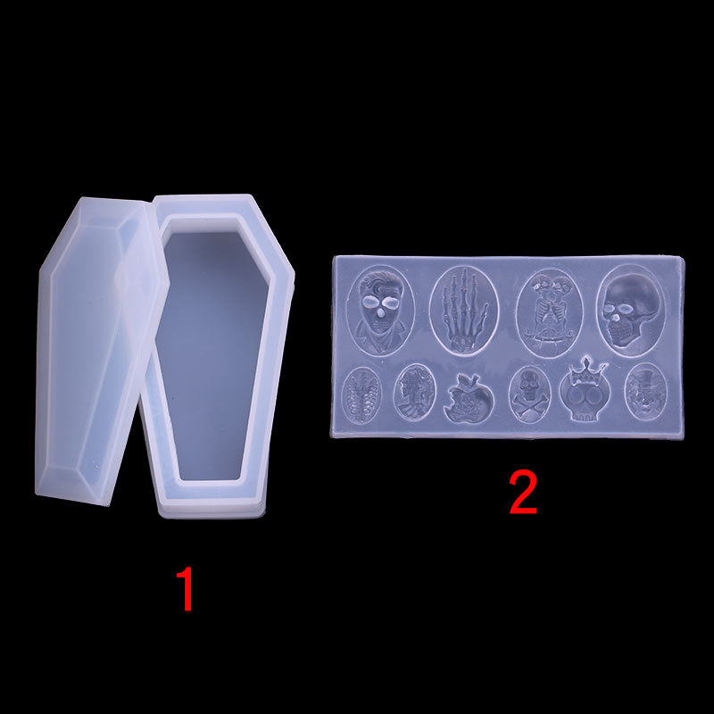 Caja de almacenamiento de ataúd espejo de pulido libre de epoxi molde DIY cristal epoxi aromaterapia yeso Halloween cráneo mano