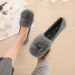 2024 Autumn and Winter New Rabbit Plush Suede Shoes Women's Bow Beanie Shoes Soft Bottom Plus Velvet Warm Maternity Shoes