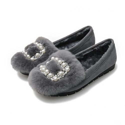 2024 Autumn and Winter low-cut beanie shoes with real rabbit fur and plush fur shoes shallow mouth flat shoes slip-on shoes for women large size