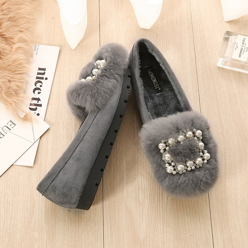 2024 Autumn and Winter low-cut beanie shoes with real rabbit fur and plush fur shoes shallow mouth flat shoes slip-on shoes for women large size