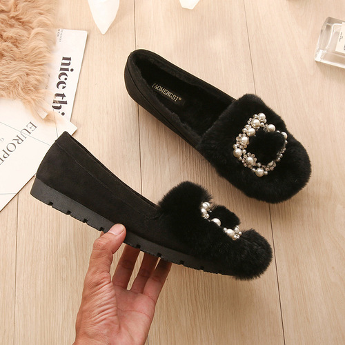 2024 Autumn and Winter low-cut beanie shoes with real rabbit fur and plush fur shoes shallow mouth flat shoes slip-on shoes for women large size