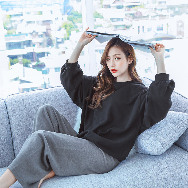 Pajamas Women's Autumn and Winter Pure Cotton Lantern Sleeve Trousers Korean Style Home Clothes Women's Spring and Autumn Pajamas Sports Loose Outer Wear