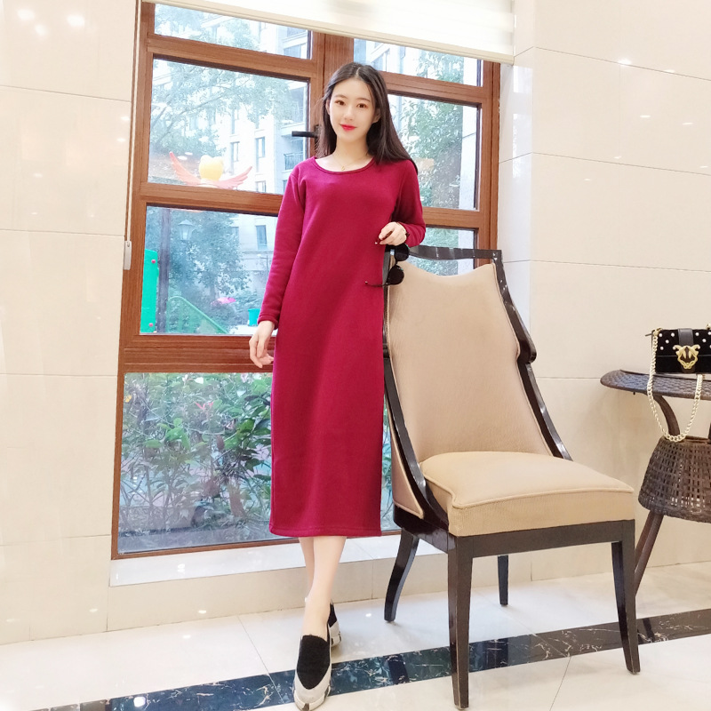 フリース付きワンピース 長袖 2025秋冬 ゆったりロングワンピース レディース ブラックニットセーター風ワンピース フェアリードレス 冬用ポケット付き