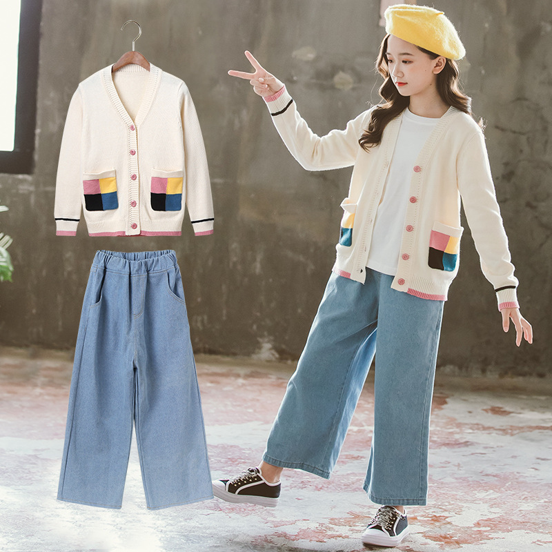 Children's Clothing Girls Sweater Suit Jacket Knitted Cardigan Jacket Autumn And Winter Jeans Suit Hot