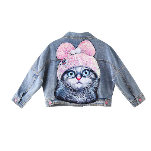 Children's Fall Outerwear, Glitter Cat Denim Jacket for Girls, Medium-Size Trendy and Stylish Denim Jacket for Kids