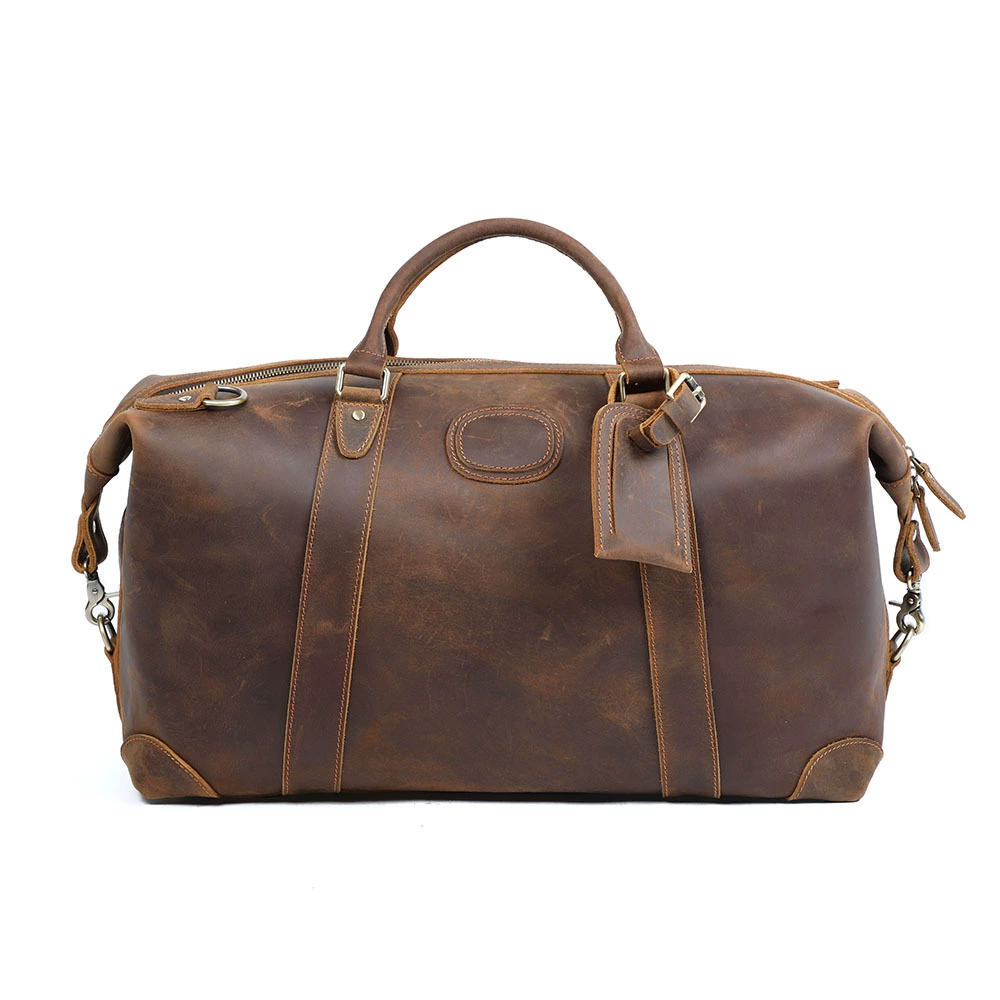 Retro capacious leather travel bag, handheld luggage sports bag, cowhide, genuine leather, for import