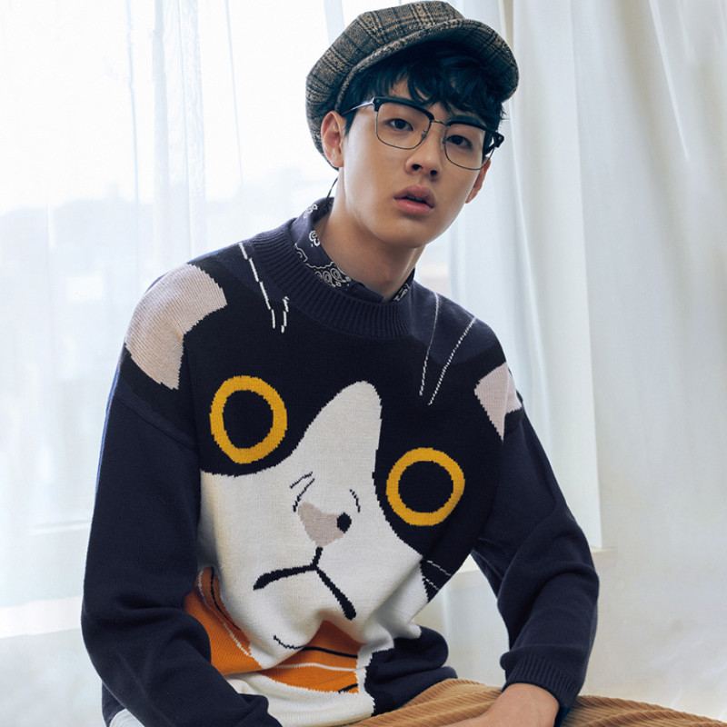 Men's Clothing Spot original hanging wool knitting method! Couple sweater cat pattern round neck knitted sweater trend_voghion.com