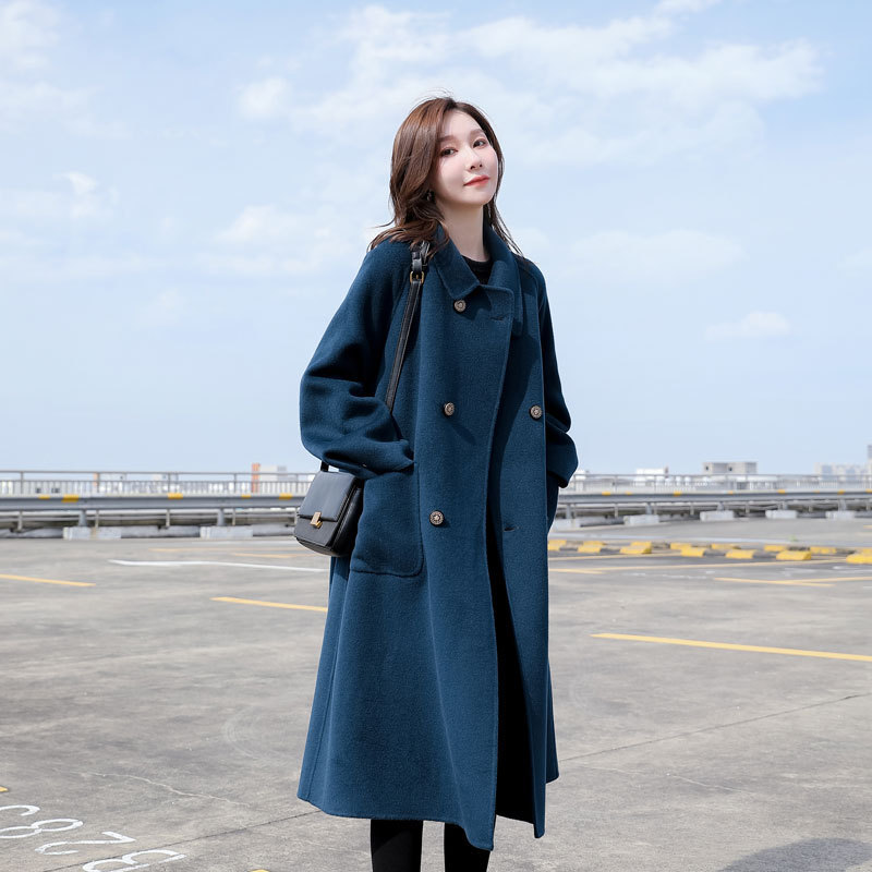 2024 Autumn/Winter New Double-Sided Wool Coat for Women, Long Loose Hepburn Style Petite Woolen Coat