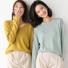 批发卷边V领圆领针织衫休闲百搭女毛衣纯色薄款打底衫落肩25新款