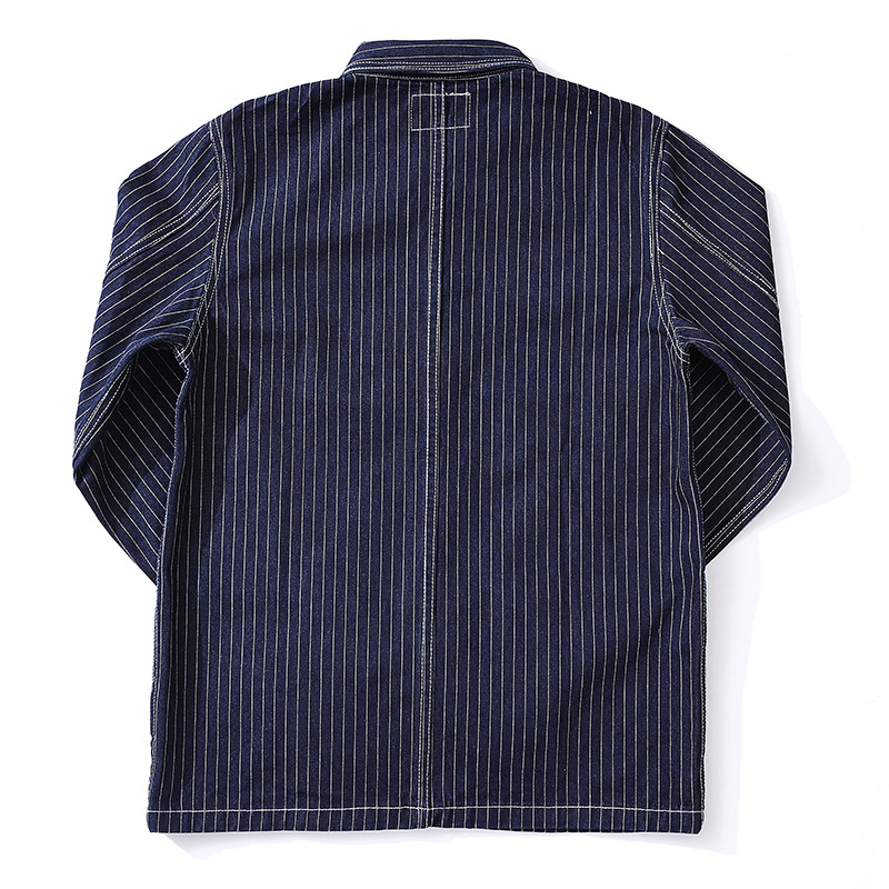 OKONKWO color primario Denim chaqueta de la chaqueta ameikaji multi-Bolsa de ropa de trabajo de ferrocarril retro a rayas chaqueta de la motocicleta