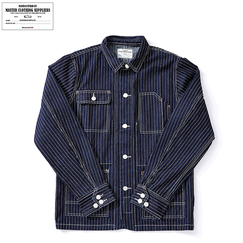 OKONKWO color primario Denim chaqueta de la chaqueta ameikaji multi-Bolsa de ropa de trabajo de ferrocarril retro a rayas chaqueta de la motocicleta