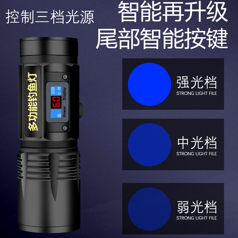 Four-light source intelligent power display night fishing light strong light fishing light purple light table fishing blue light fish light rechargeable