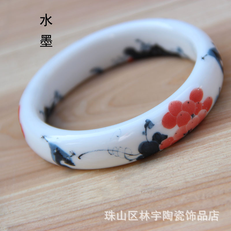 景德镇民族风女式复古水墨葡萄手镯宽中国风个性陶瓷镯子首饰礼品