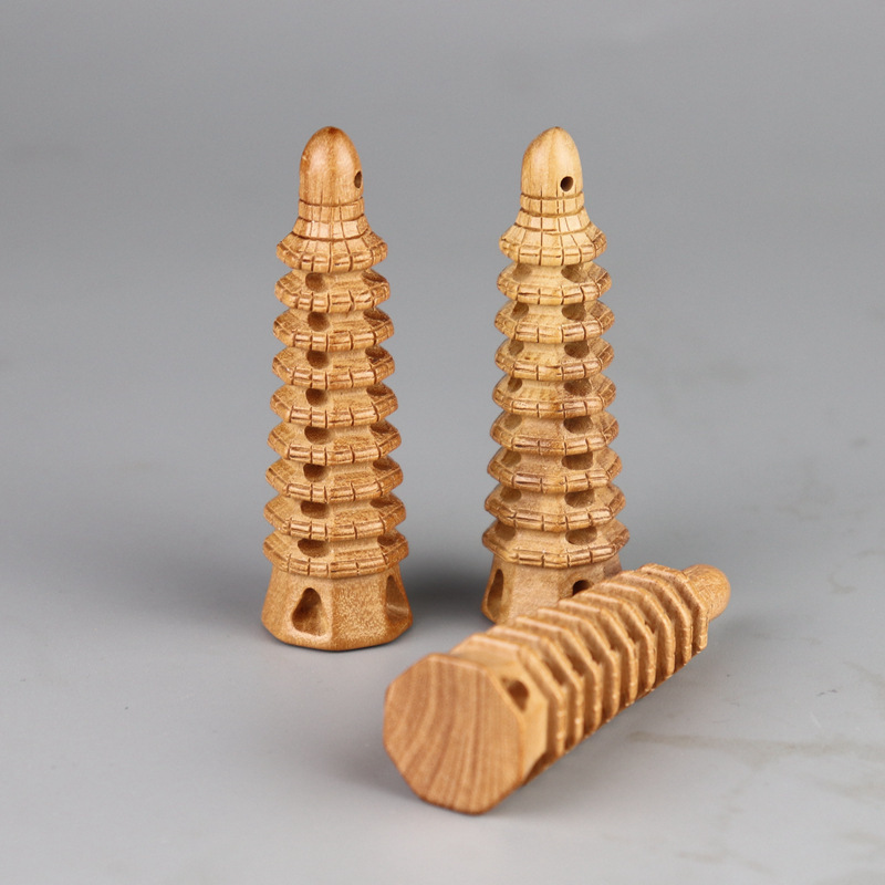 Factory wholesale peach wood manual carving 9 nine layers Wenchang Tower car key chain pendant accessories key chain accessories