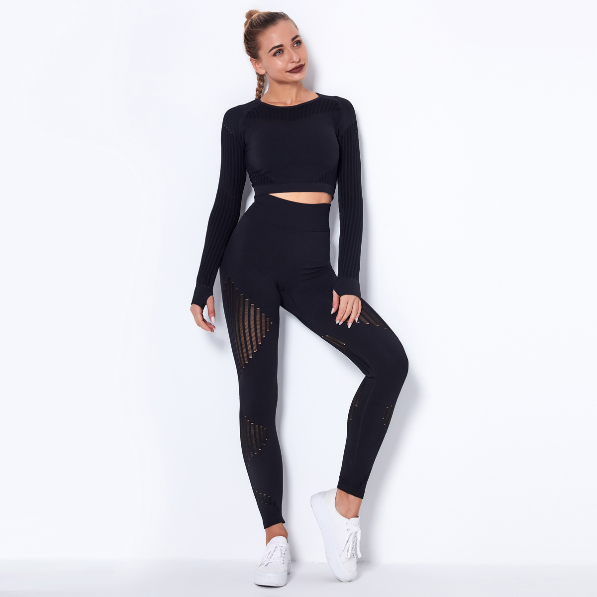 ¡En stock! Europeo y americano sin costuras hueco-fuera de absorción de humedad de yoga traje de manga larga ropa de yoga deportes fitness correr pantalones de yoga para mujeres