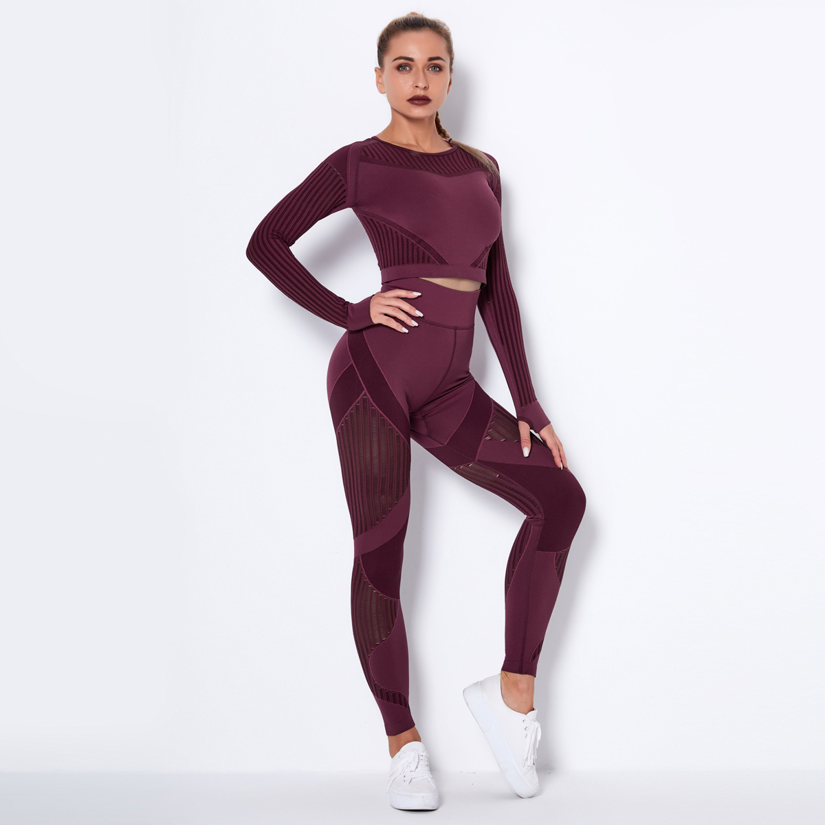 ¡En stock! Europeo y americano sin costuras hueco-fuera de absorción de humedad de yoga traje de manga larga ropa de yoga deportes fitness correr pantalones de yoga para mujeres