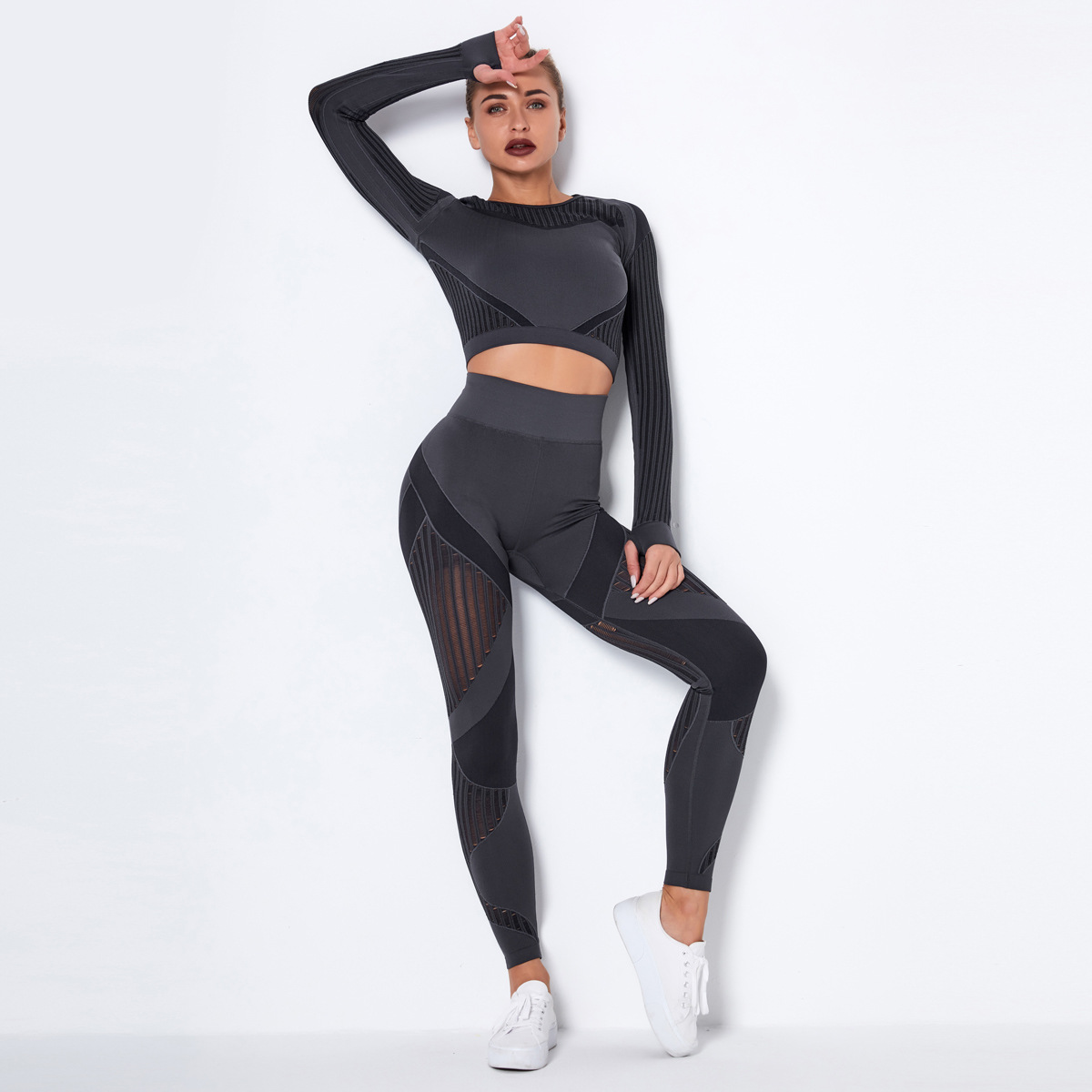 ¡En stock! Europeo y americano sin costuras hueco-fuera de absorción de humedad de yoga traje de manga larga ropa de yoga deportes fitness correr pantalones de yoga para mujeres